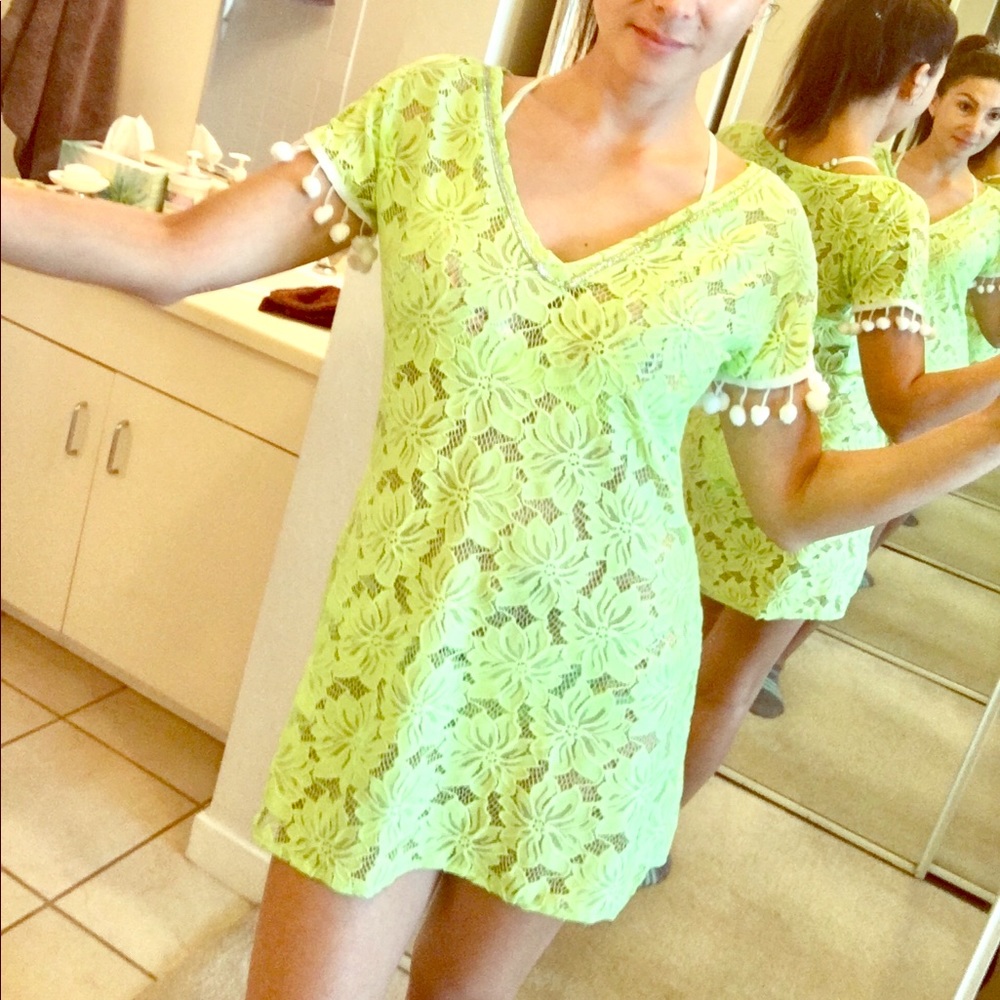 Lace beach dress. Neon Pom Pom.